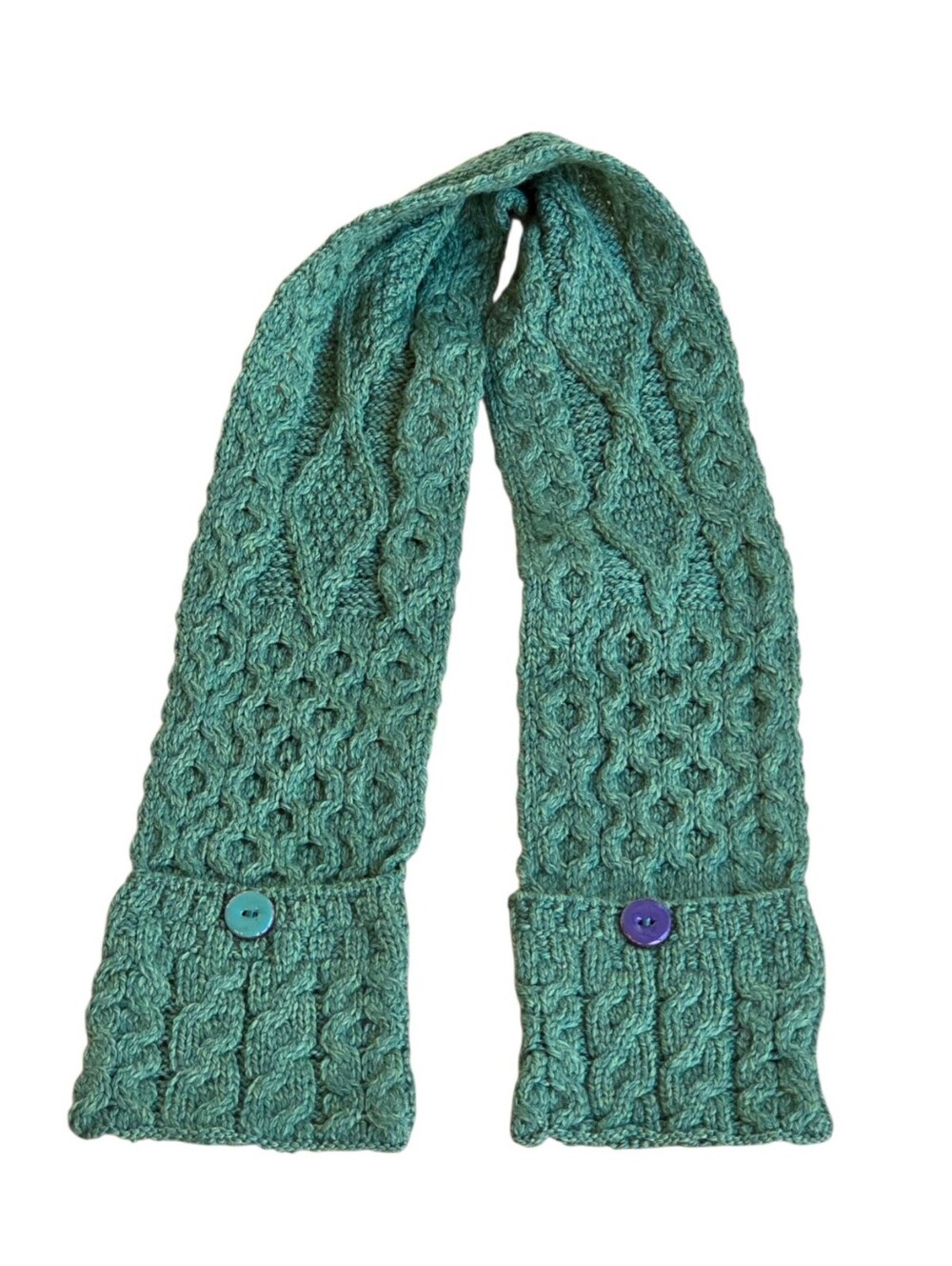ARAN 100% Merino Wool Cable Knit Pocket Scarf Made in Ireland Green 44 inches